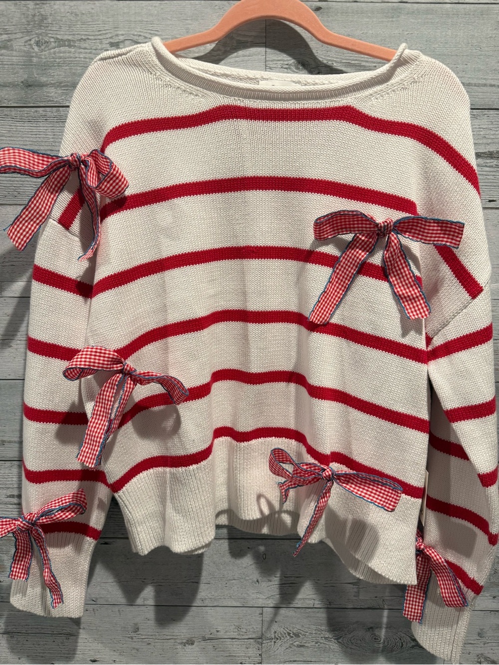 CeCe Cream Sweater with Red Stripes and Gingham Bow Accents